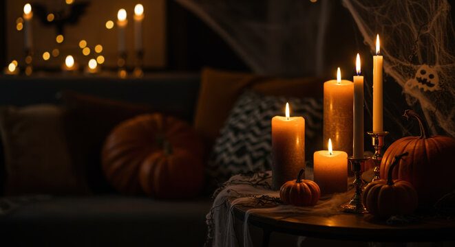 Cozy Halloween scene with flickering candles and pumpkins creating a warm and spooky autumn ambiance