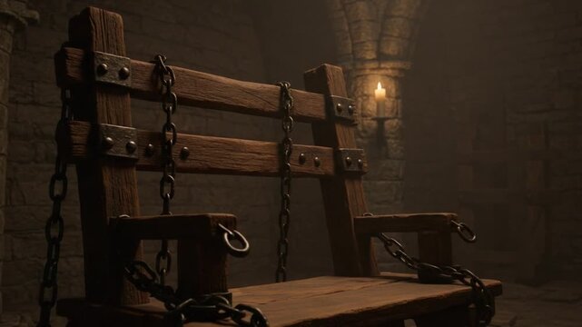 Dark medieval torture chamber with chains and wooden chair, gothic dungeon atmosphere, eerie horror setting, mysterious medieval vibe 4K video