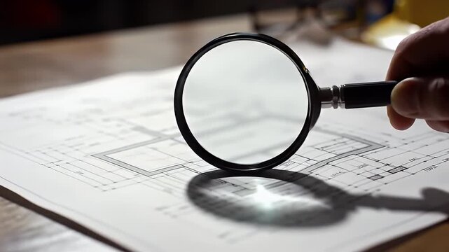 Hand holds magnifying glass over a detailed technical architectural drawing