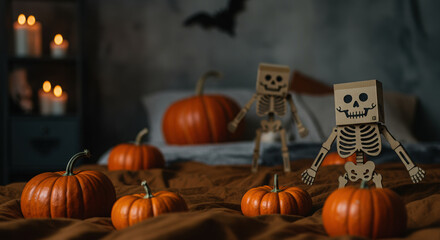 cozy halloween scene with cardboard skeletons and pumpkins on bed creating a spooky yet warm atmosphere