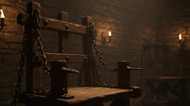 Dark medieval torture chamber with chains and wooden chair, gothic dungeon atmosphere, eerie horror setting, mysterious medieval vibe 4K video