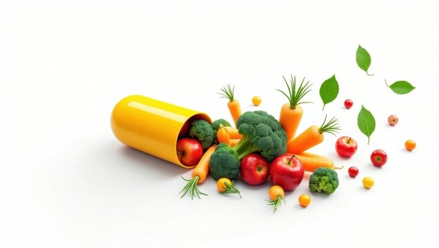 C&aacute;psula del suplementos se abre y libera verduras y frutas que simbolizan una nutrici&oacute;n y salud equilibradas