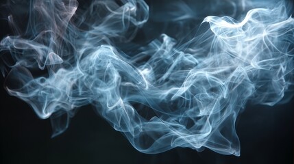 Ethereal white mist swirling against a deep black background illuminated by soft side lighting creating a mysterious and abstract atmosphere with copy space on the left