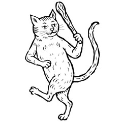 Hand drawn engraving style cat holding club. Vintage medieval heraldic animal illustration in gothic style, perfect for tattoo design, folklore projects, TTRPG graphics, fantasy artwork