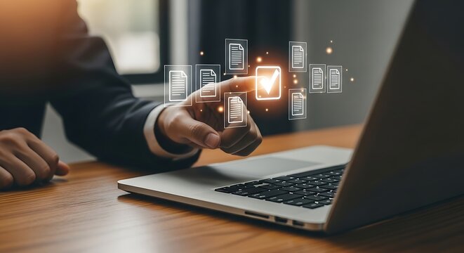 Businessman using laptop with document management system dms concept, online documentation database and process automation to efficiently manage files