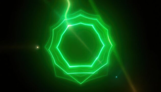 Abstract green neon light lines forming geometric shapes on a dark background, creating a futuristic and dynamic visual. Ideal for technology, gaming, or event backdrops.