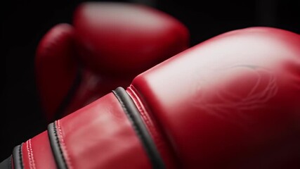 Two red boxing gloves are posed in front of a blurred black background - Powered by Adobe