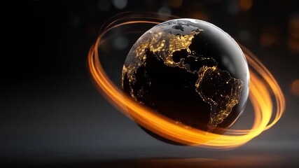 Rotating earth globe with glowing orange ring 3 d animation - Powered by Adobe