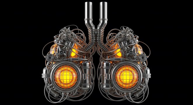 Futuristic mechanical lungs on a black background. Steampunk or robotic internal organ concept. Illustrates artificial organs, bionics, or advanced medical technology.