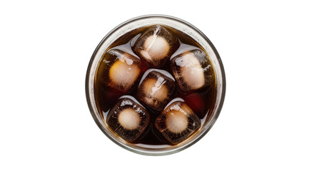 Obraz premium A close-up view of a glass filled with dark soda and ice cubes, set against a plain background