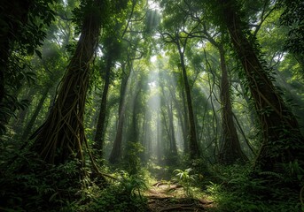 Obraz premium Waterfall in a tropical forest surrounded by trees and nature