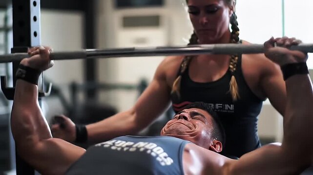 Two individuals performing a barbell bench press in a gym