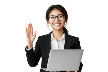 Confident young woman in business attire waving hello while holding a laptop, standing against a plain background, representing professionalism and approachability.