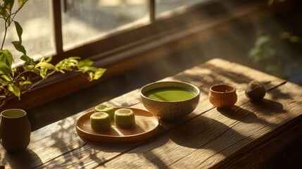 Fototapeta premium Sunlit Matcha Tea and Cakes.
