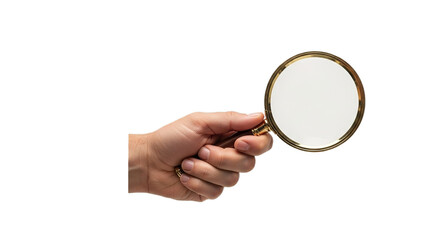Hand with magnifying glass on white transparent background, PNG