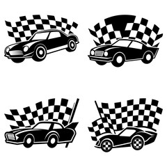 Four different race cars with checkered flags waving behind them in a black and white illustration