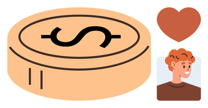 Coin representing financial matters, heart symbolizing care, and smiling individual showing personal connection. Ideal for finance, relationships, empathy, gratitude, charity, support community