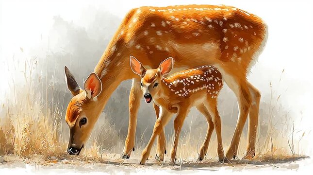a watercolor style vector illustration of a mother deer and a baby deer generative ai