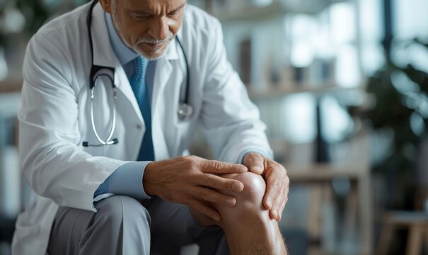 Male physical therapist providing knee treatment in a rehabilitation clinic, emphasizing the professional care and recovery process, Generative AI - Powered by Adobe
