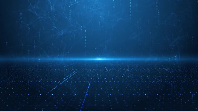 Futuristic glowing dotted floor intersected by lines of binary data. Use of digital plexus mesh creates immersive network effect perfect for tech, AI, big data, cybersecurity, visualization projects.