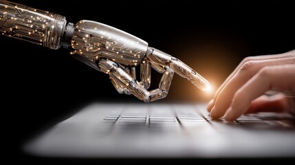 Futuristic robotic arm interacting with glowing holographic keyboard surrounded by digital light patterns for innovative ai and technology collaboration