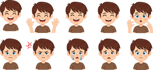 Cartoon boy, facial expressions, emotional reactions, character emotions, kids emotions, emoji faces, feelings icons, child mood, vector illustration, emotion chart