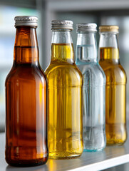 Assorted glass bottles with drinks on a shelf.
