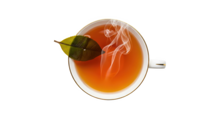 A steaming cup of herbal tea with a fresh green leaf, set against a clean white background
