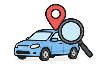 Car search with location pin and magnifying glass. Concept for vehicle tracking, GPS navigation, car rental, auto sharing, inspection, and finding a car. Vector illustration.