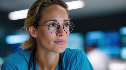 A focused female doctor wearing glasses and scrubs, contemplating in a high-tech hospital environment. Ideal for healthcare and medical themes.