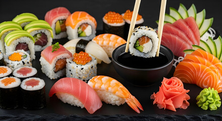 Delicious assorted sushi platter with nigiri sashimi and sushi rolls served with chopsticks and soy sauce on black slate plate
