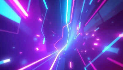Dynamic abstract background with glowing neon lines and geometric shapes in vibrant purple, pink, and blue, representing digital technology and speed.