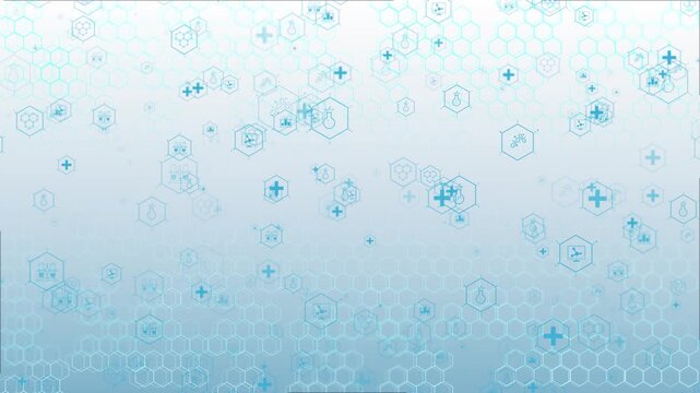 Animated hexagonal pattern icons of bulb, plus sign, chemical tools. for futuristic design highlights innovation, research, healthcare, medical lab, diagnostic, biotechnology, digital treatment system