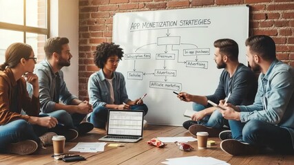 Startup team engages in lively discussion on app monetization strategies in modern office setting