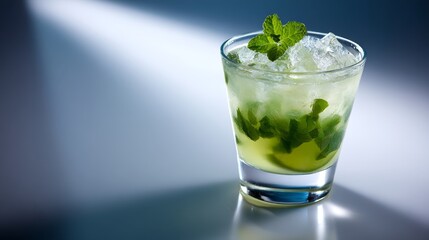 Refreshing lime and mint cocktail in chilled glass with condensation, vibrant green colors, soft lighting, closeup, summer beverage with copy space on right