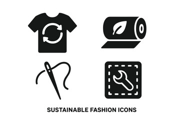 Solid Filled Sustainable Fashion Icons Set Including Secondhand Shirt, Eco Fabric Roll, Sewing Needle, and Repair Tools Vector Illustration for Eco-Friendly Clothing