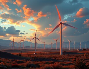 a futuristic wind farm with glowing turbines, greenhouse gases decreasing, atmosphere clearing, cinematic visuals, ultra detailed educational tone