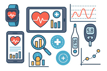 Health technology elements with devices, graphs, and analytics for medical data management. Vector icons for digital health, telemedicine, heartbeat monitoring, and diabetes care.