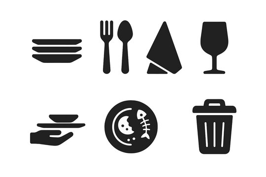 Table clearing icons set, solid filled vector illustrations including plate stack, cutlery, napkin, wine glass, serving tray, food leftovers and trash bin symbols for restaurant and dining design