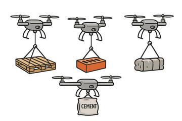 Drone construction delivery set. Quadcopters lifting and transporting building materials like cement, brick, pallet. Future logistics and cargo technology. Vector cartoon icons.