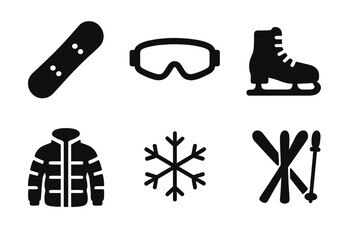 Winter sports icons set, solid black vector illustrations including snowboard, ski goggles, ice skate, insulated jacket, snowflake, and ski equipment for cold weather activities