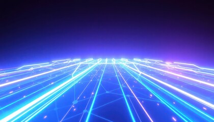 Abstract digital network with glowing blue and purple lines, representing fast data transmission, technology, and global connectivity. Ideal for business, science, or future concepts.