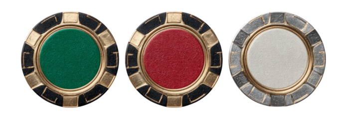 Isolated Casino Chips in Three Colors on Transparent Background