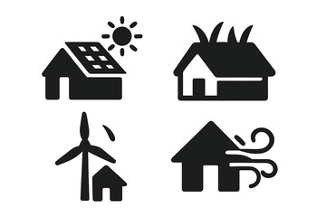 Sustainable architecture solid icon set. Eco friendly building, green energy concepts. House with solar panel, living roof, home wind turbine. Climate resilient home vector.