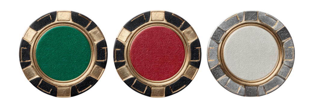 Isolated Casino Chips in Three Colors on Transparent Background - Powered by Adobe