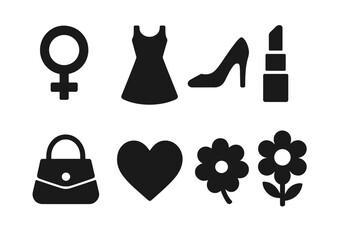 Women's Icon Set Collection, Solid Filled Female Symbols with Dress, High Heel Shoe, Lipstick, Handbag, Heart and Flower Vector Illustration on Transparent Background