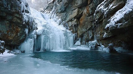 Winter waterfall cascades into a frozen pool surrounded by icy cliffs in a secluded natural landscape