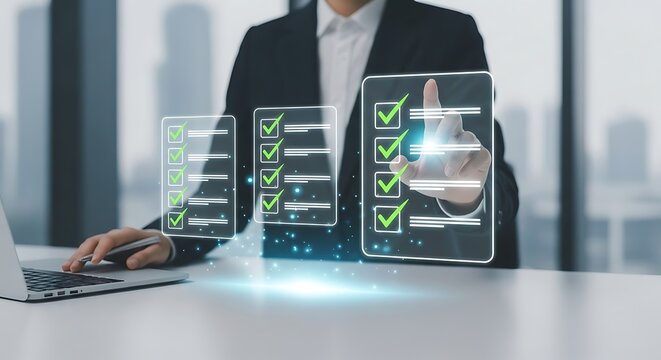 A businessman is interacting with a virtual compliance checklist on a digital interface, ensuring adherence to regulations and standards in business operations