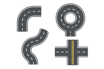 Vector set of road and street elements for map creation. Winding path, highway intersection, curve, and roundabout. Top view asphalt route constructor kit. Flat design icon.