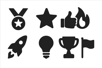 Team Motivation Icons Set, Solid Filled Vector Symbols Including Medal, Star, Thumbs Up, Fire, Rocket, Light Bulb, Trophy, Flag for Success and Achievement Concepts